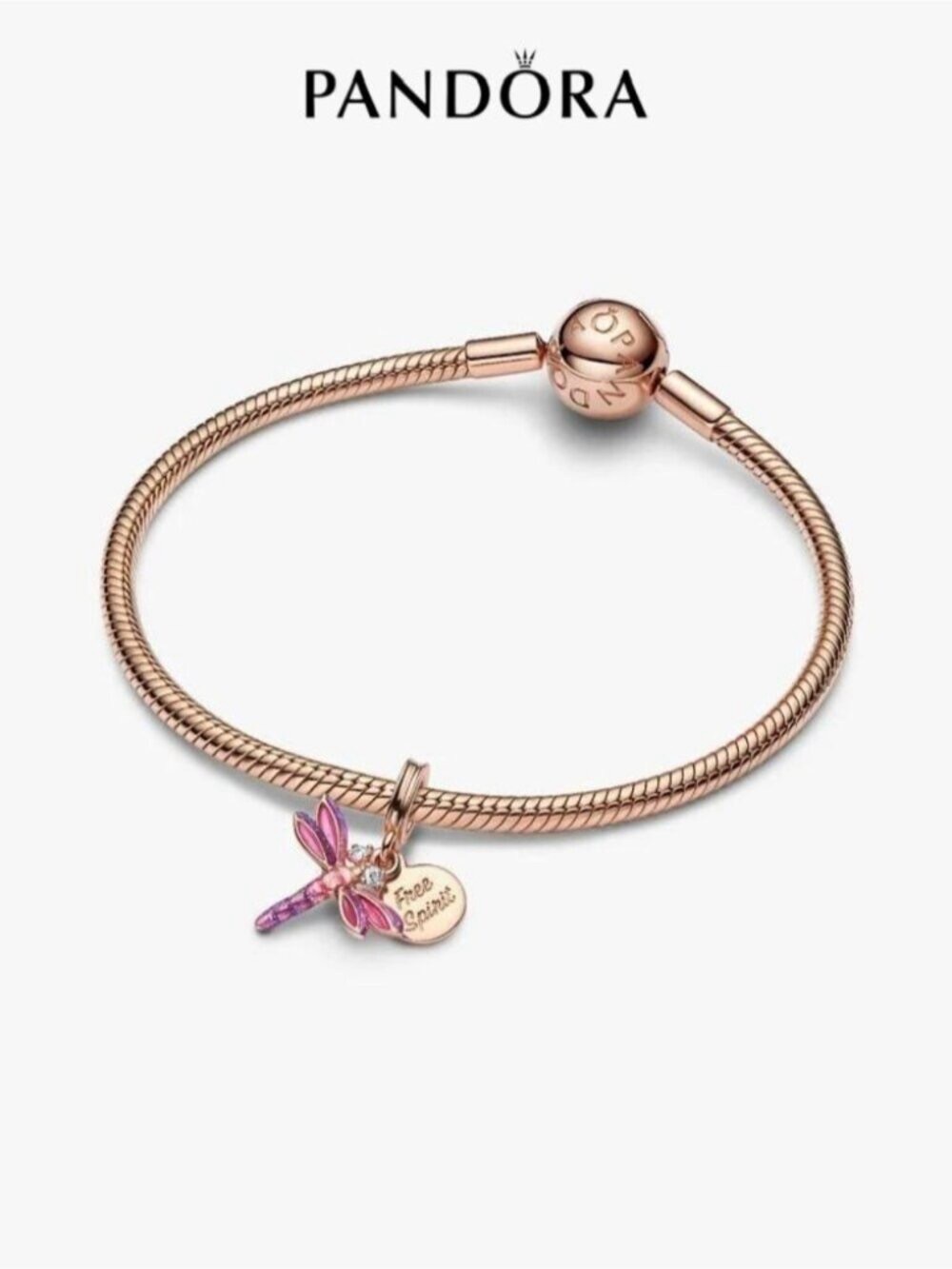 Pandora Rose Gold Bracelet with Pink Dragonfly and Tag Charm